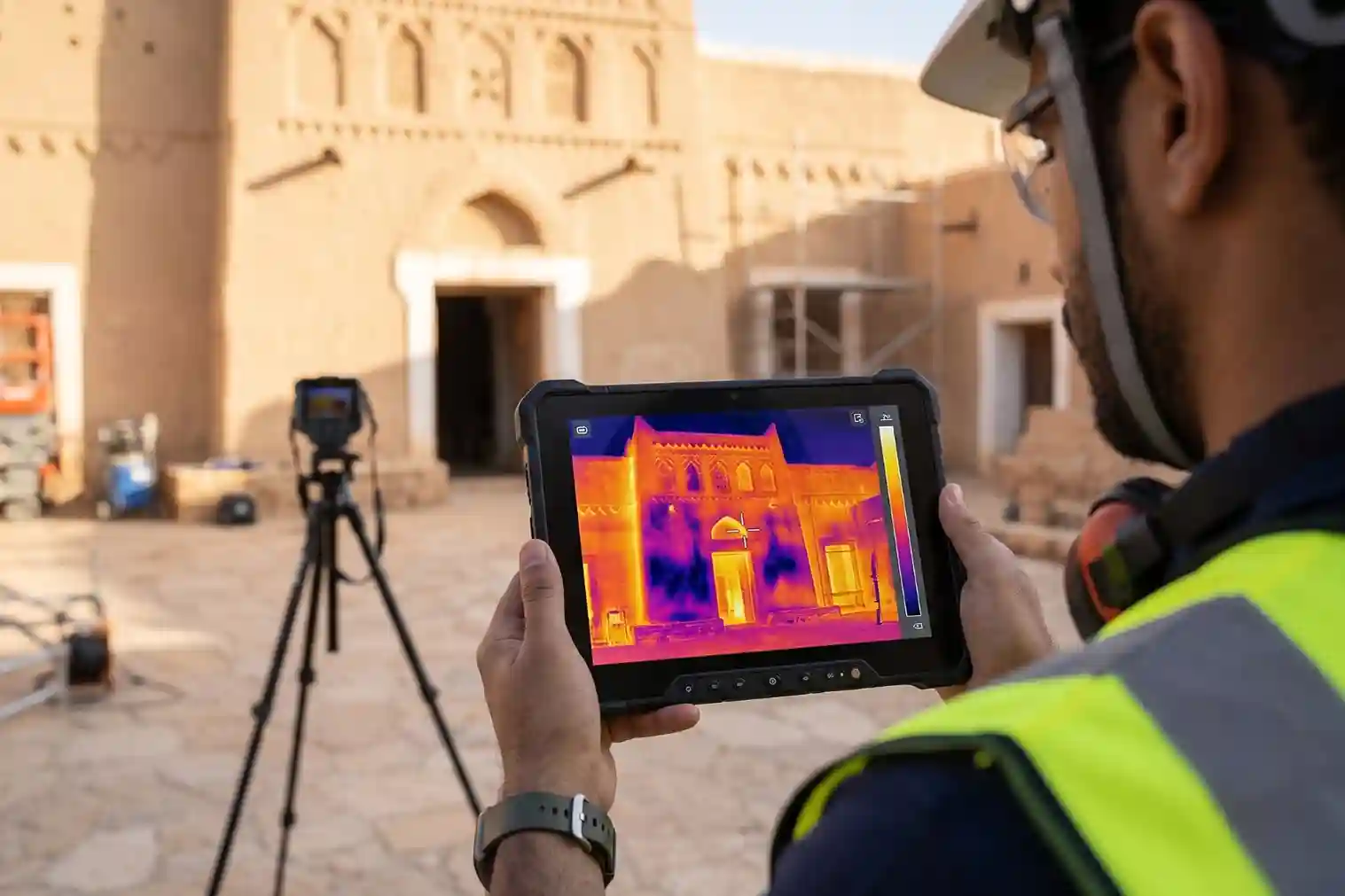 Radiometric thermal camera image of a historic facade showing moisture trapping and subsurface defects.
