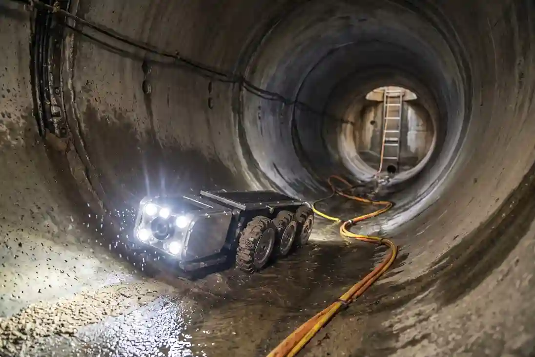 Motorized CCTV crawler robot inspecting a dark underground drainage mainline.