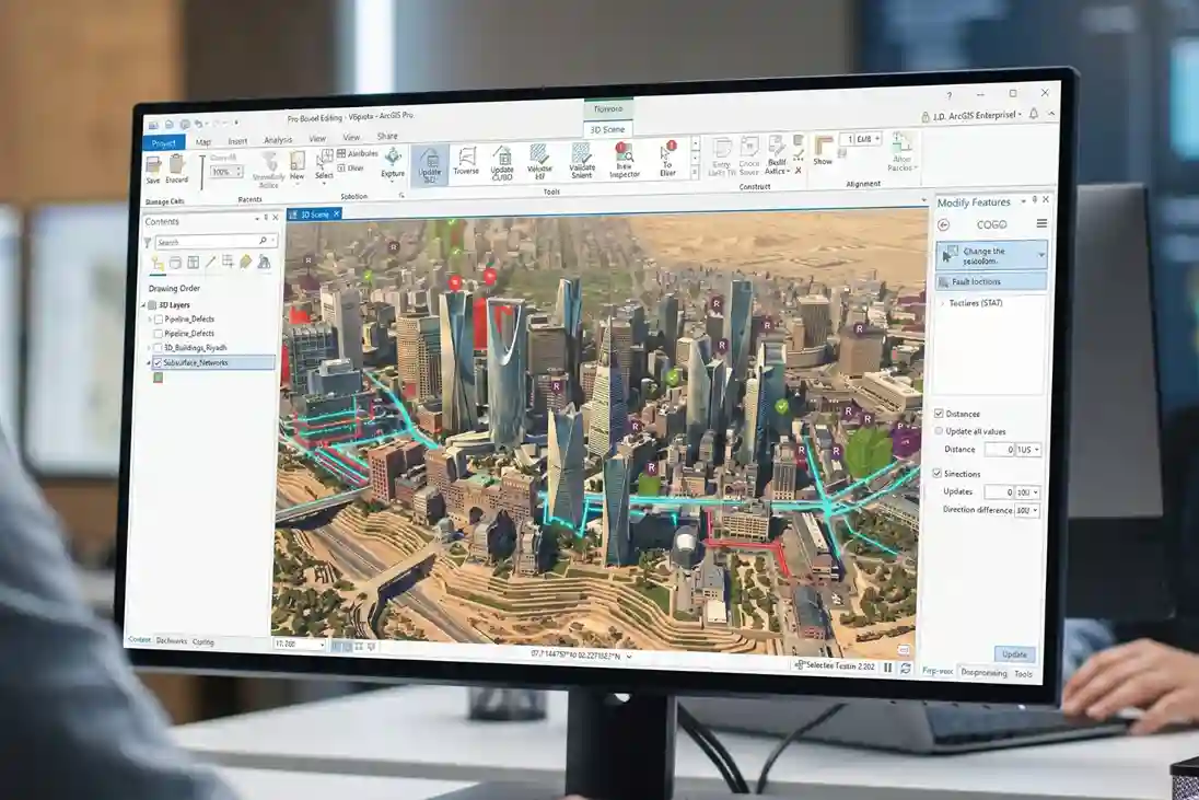 GIS command dashboard displaying Esri ArcGIS 3D scene layers and Terra SewerX defect reports.
