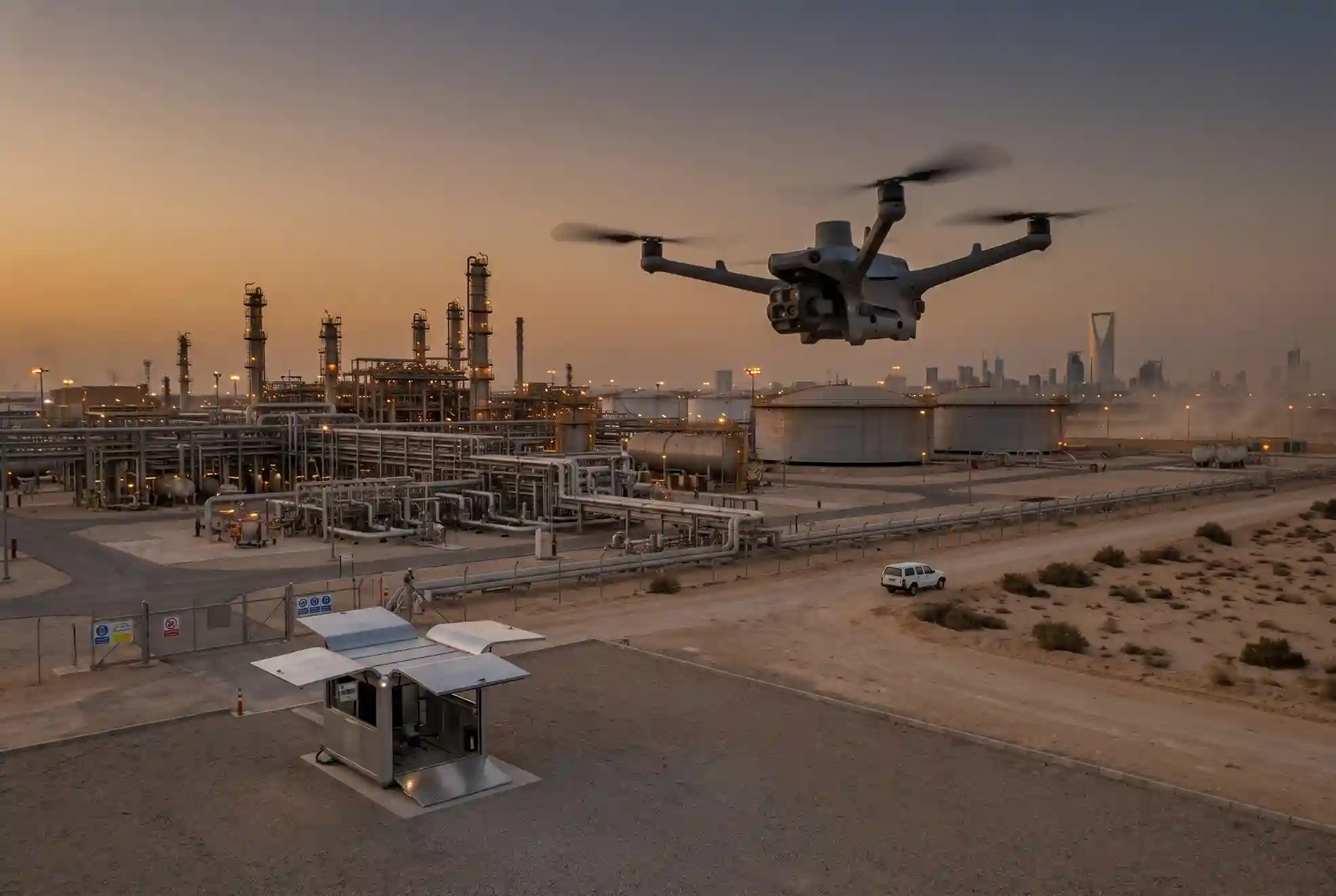 Inspection drone flying over an industrial plant, an example of autonomous drone inspection