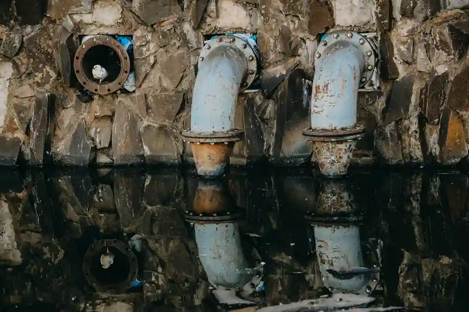 Industrial flanged sewer and drainage pipelines embedded in a stone masonry wall above reflective water.