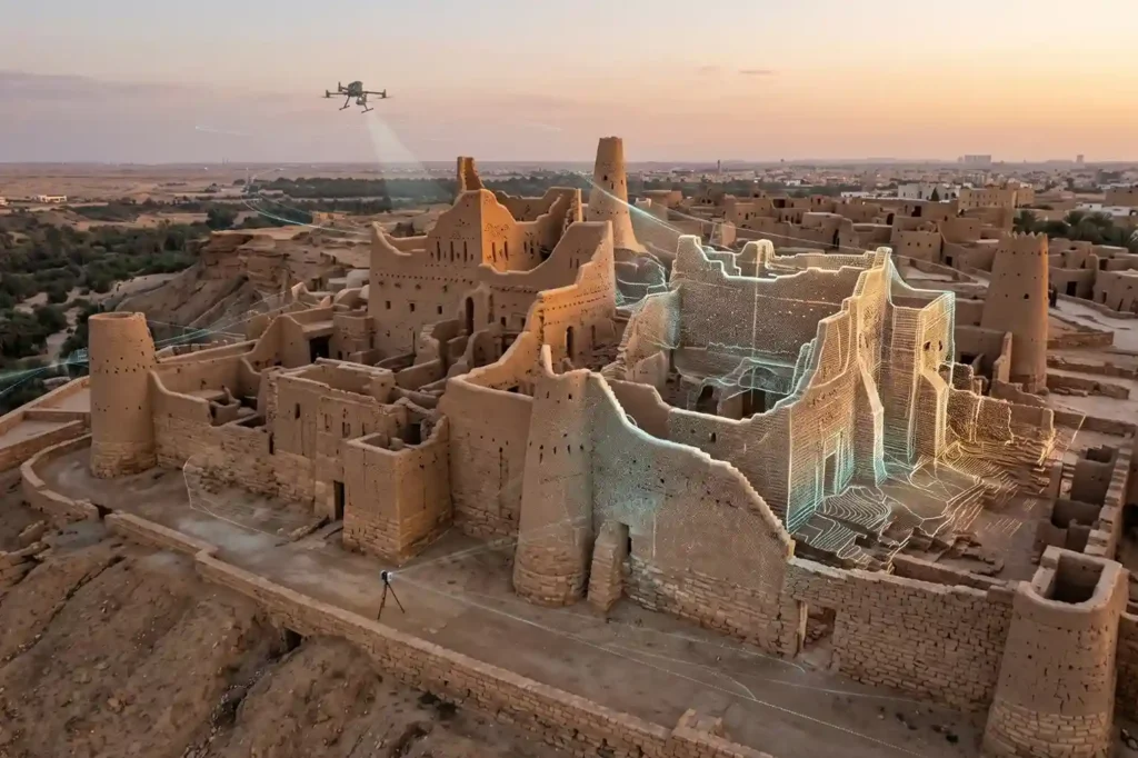 3D point cloud model of an ancient heritage masonry building and historic district.