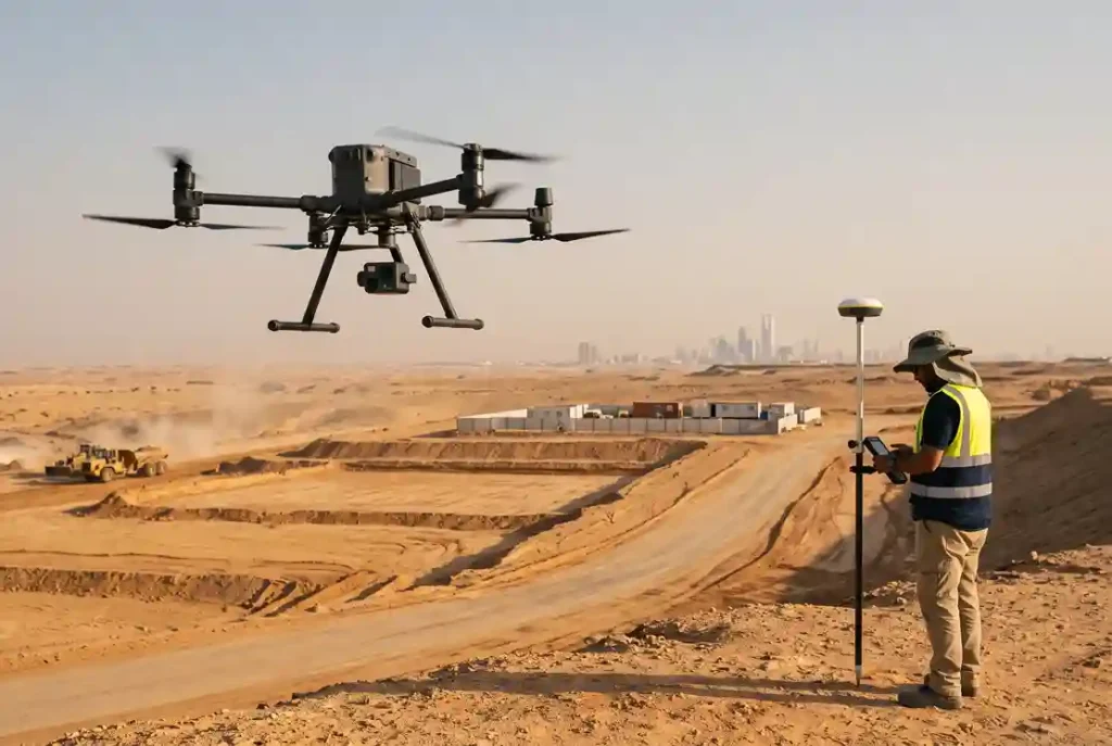 DJI M400 drone with Zenmuse L3 LiDAR payload operating overhead while a field surveyor uses an FJD Trion V1 GNSS rover on an active infrastructure site.