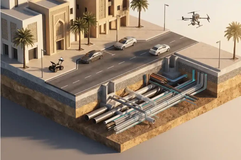 3D BIM model rendering showing color-coded underground utility pipes and structural foundations beneath a city street.
