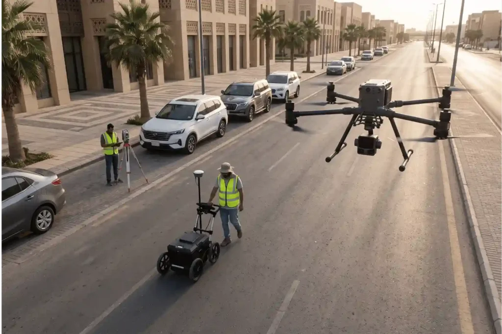 Survey technician collecting ground GPR data with an RTK rover while an aerial LiDAR drone operates overhead.