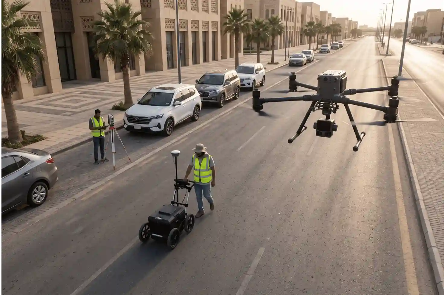 Survey technician collecting ground GPR data with an RTK rover while an aerial LiDAR drone operates overhead.