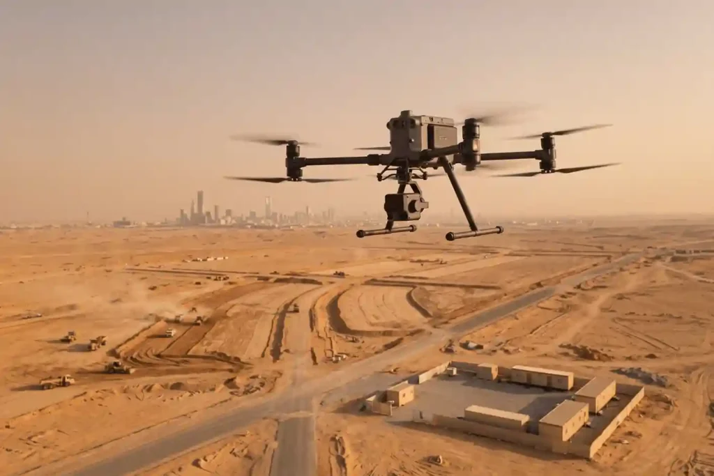 DJI M400 enterprise drone equipped with a Zenmuse L3 LiDAR payload flying above an active civil grading and earthwork corridor.