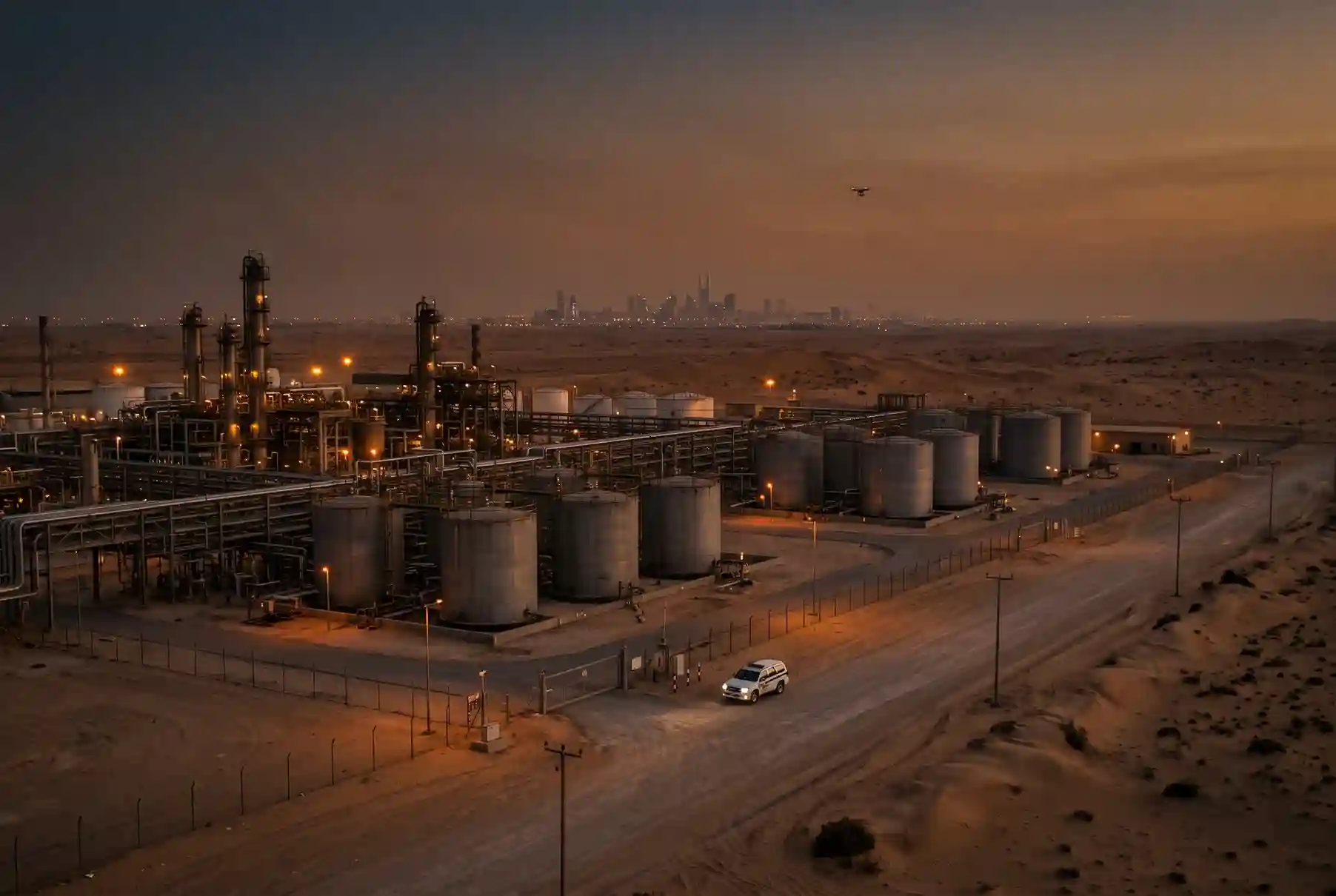 Oil refinery with storage tanks at dusk, the kind of site that needs drone detection