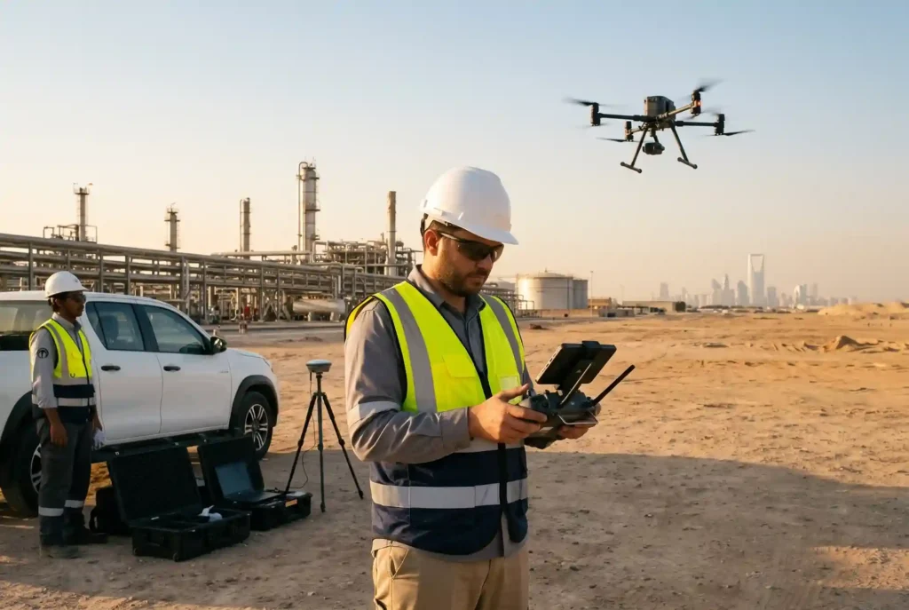 Certified remote pilot operating an enterprise drone with GACA registration marks and Remote ID near an industrial plant in Saudi Arabia.