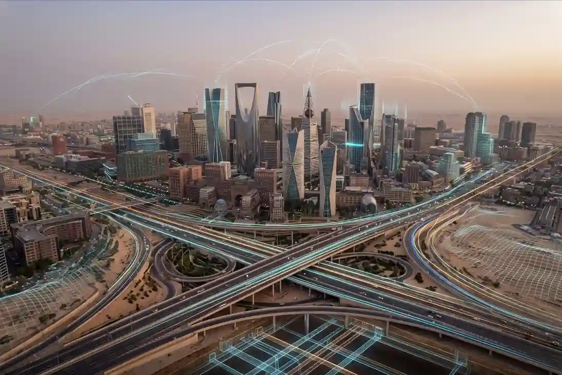 3D digital twin mesh model of a modern smart city showing integrated urban infrastructure.
