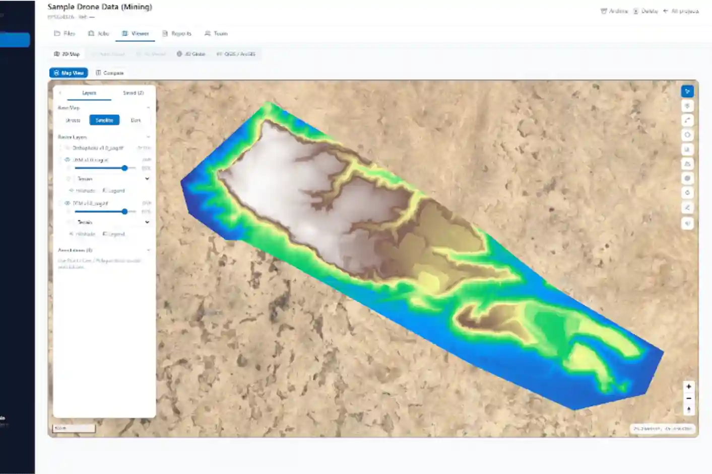 Terra MapX browser interface showing a 3D terrain model with elevation color ramping and a split cross-sectional profile comparing DSM against bare-earth DTM.