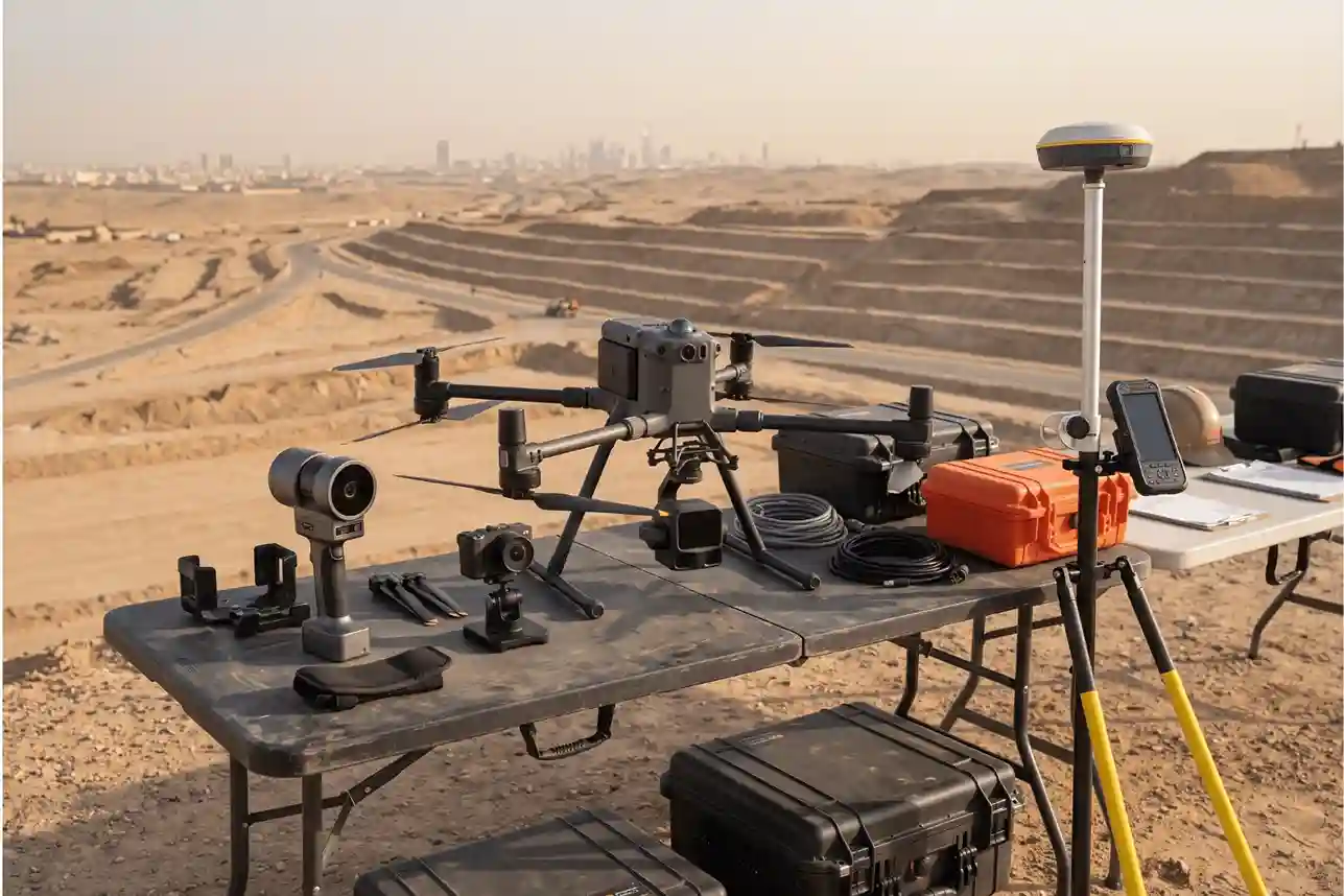 Survey equipment lineup showing the DJI M400 drone with Zenmuse L3 and P1 payloads alongside the FJD Trion S2 handheld SLAM scanner and FJD Trion V1 GNSS receiver.