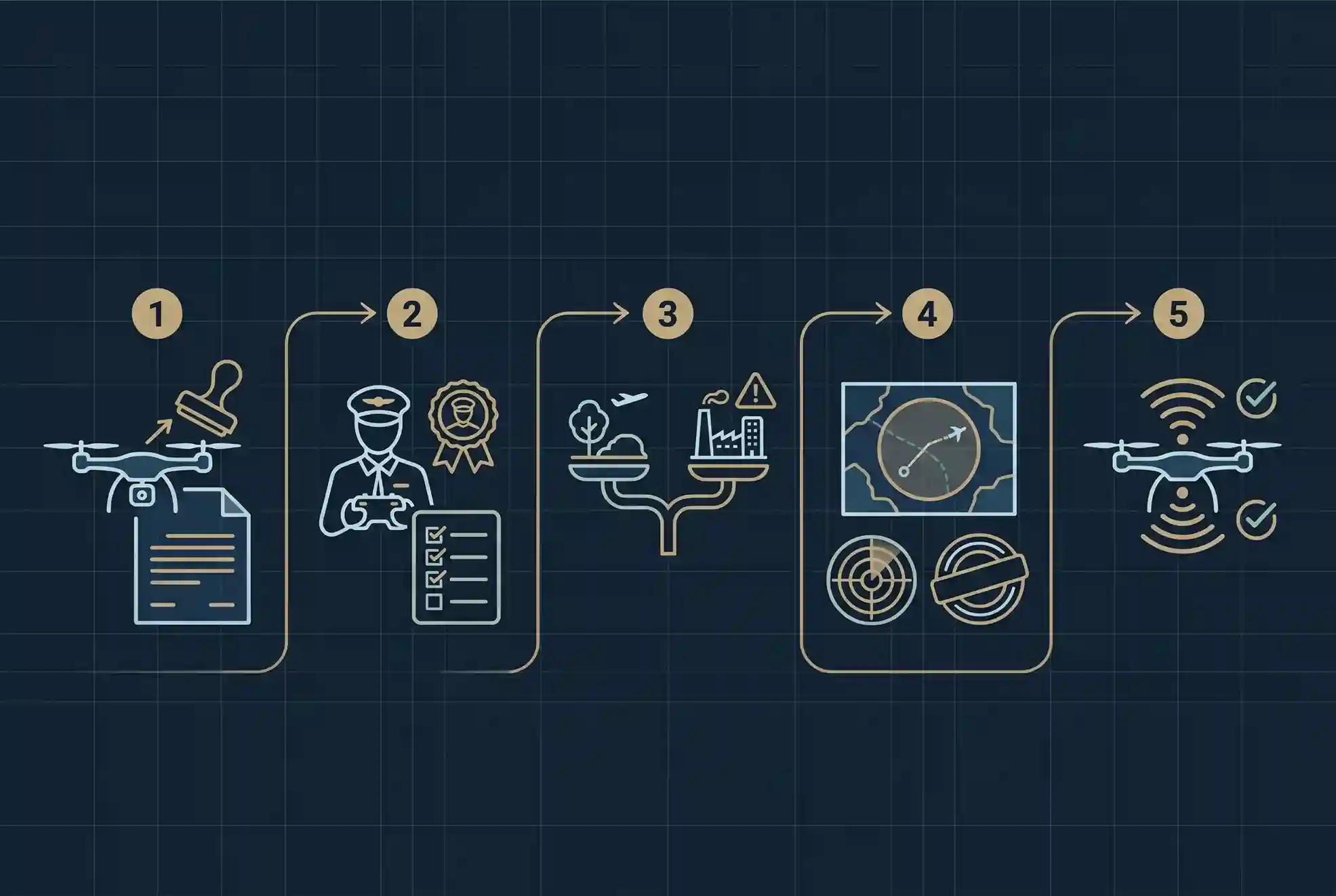 Infographic diagram displaying the 5 sequential steps to obtain a drone permit in Saudi Arabia from registration to Remote ID.