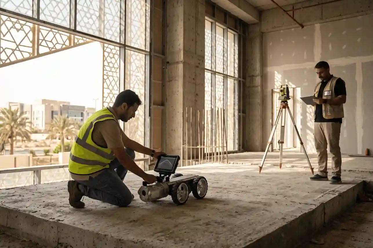 Field technician scanning a structural concrete floor slab with a high-frequency GPR antenna.