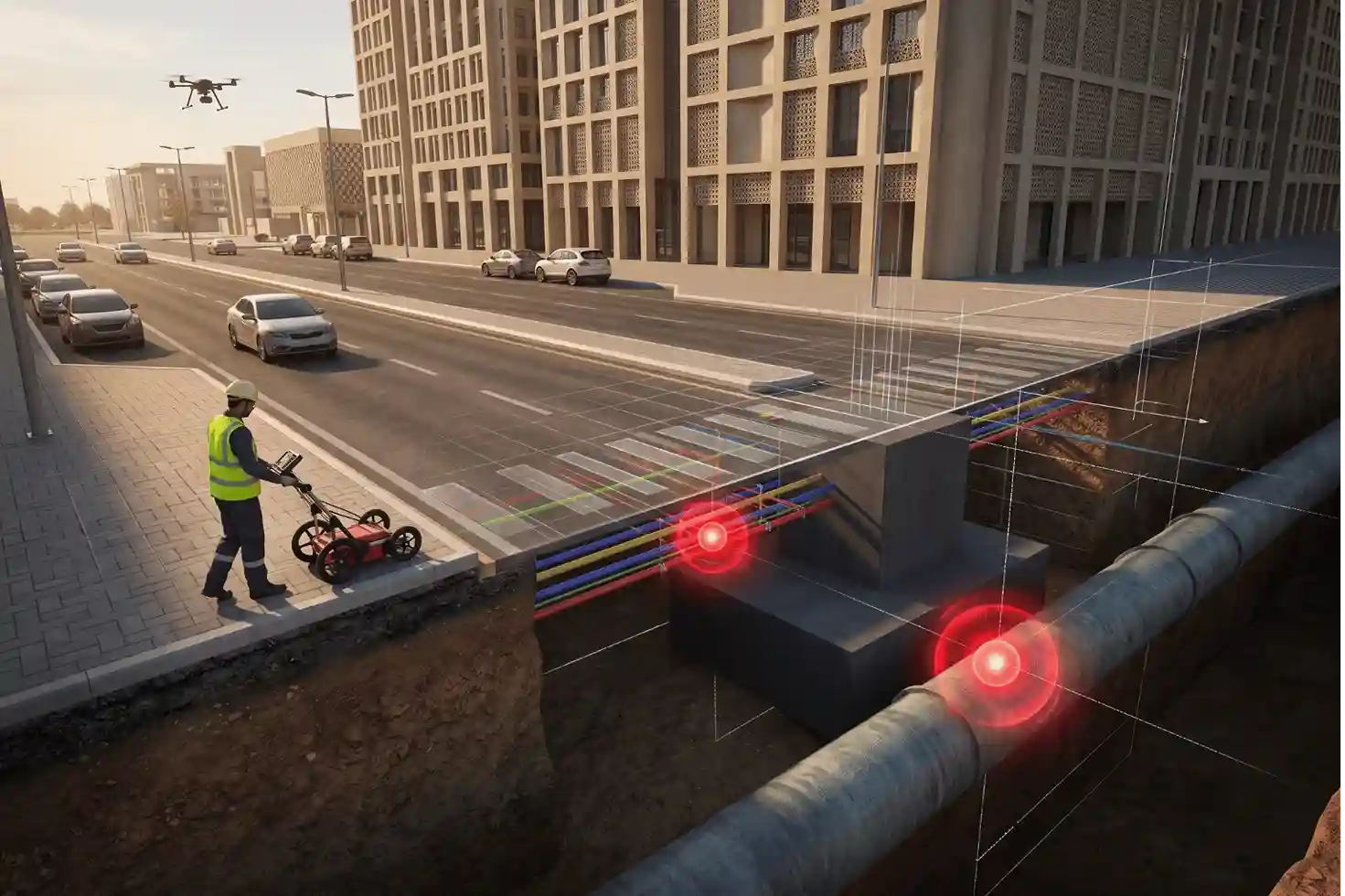 3D coordination model in Autodesk Civil 3D and Navisworks showing parametric utility pipes and pre-excavation clash markers.
