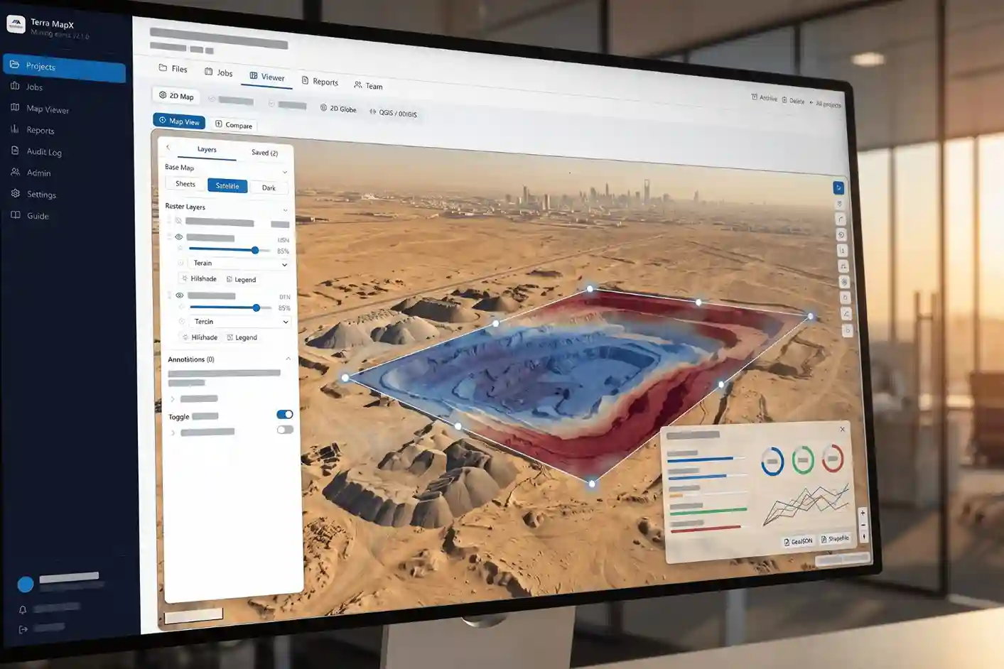 Terra MapX 3D viewport displaying an outlined bulk excavation polygon with color-coded cut and fill heatmaps and an interim volume calculation summary card.
