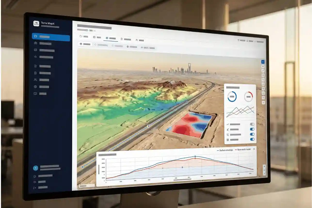 Terra MapX browser interface showing a 3D bare-earth Digital Terrain Model with an interactive elevation profile graph and a cut-and-fill volume calculation card.