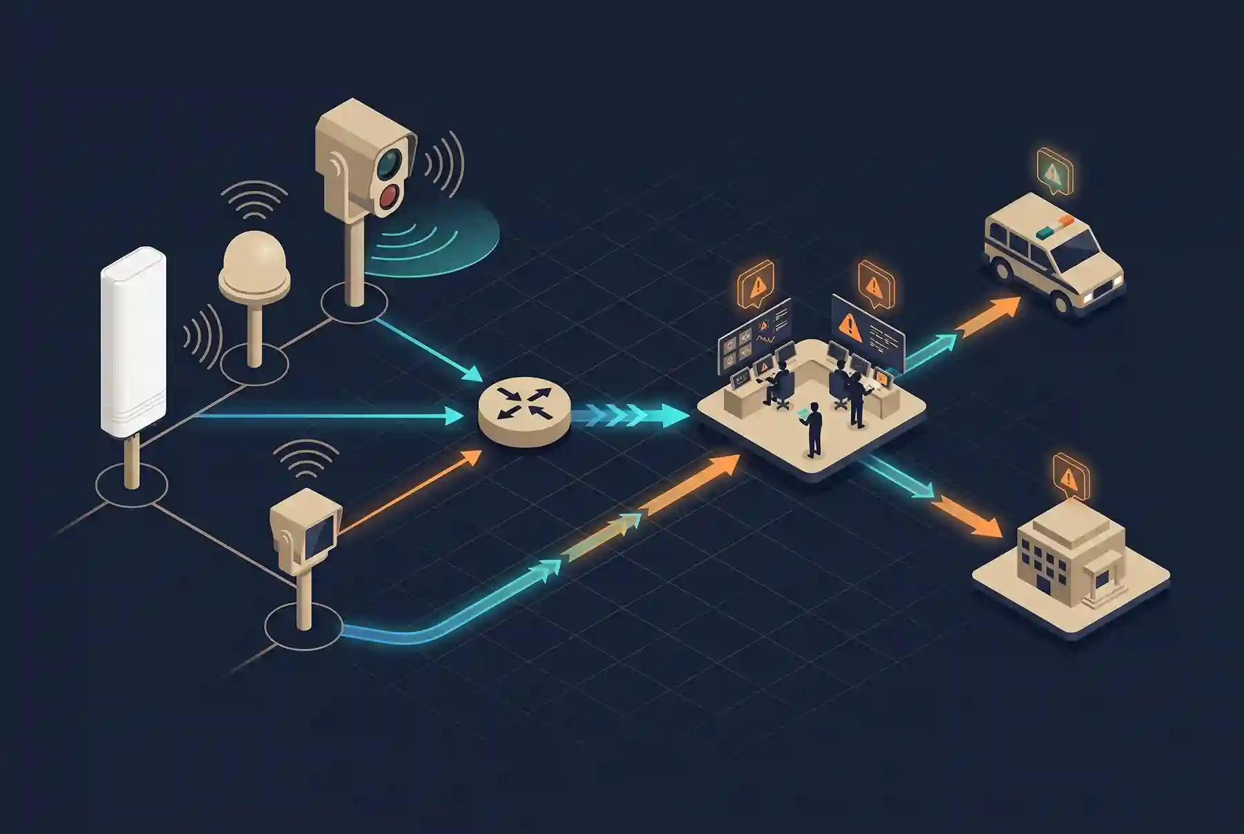 Diagram of layered drone detection: RF warns, radar tracks, EO/IR confirms, then security alerts the authorized body