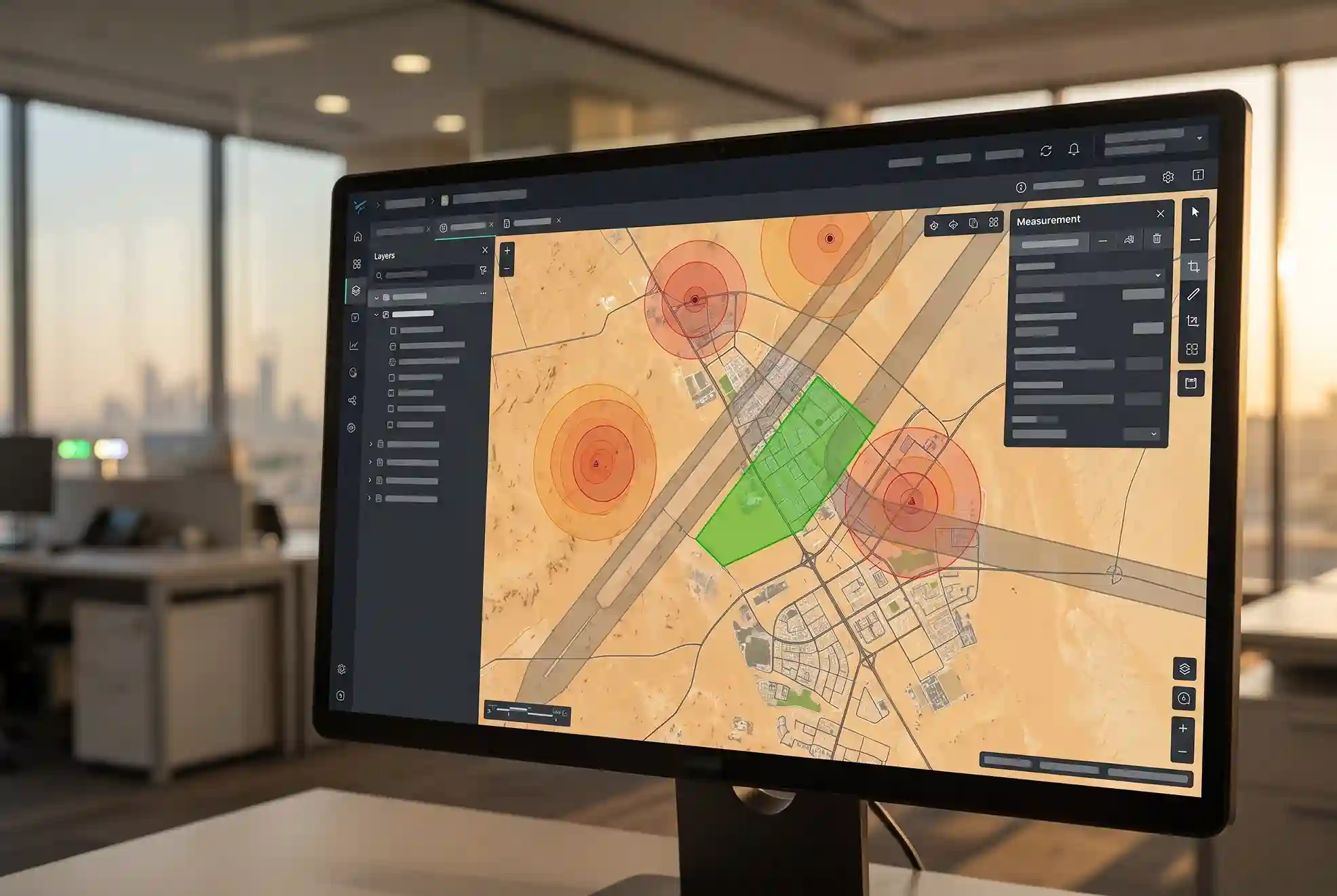 Digital airspace map showing GACA UAS geographical restriction zones, SANS controlled corridors, and planned flight polygons around infrastructure.