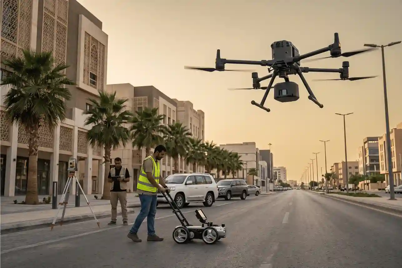 Enterprise drone conducting aerial LiDAR mapping over an infrastructure corridor alongside ground GPR survey operations.