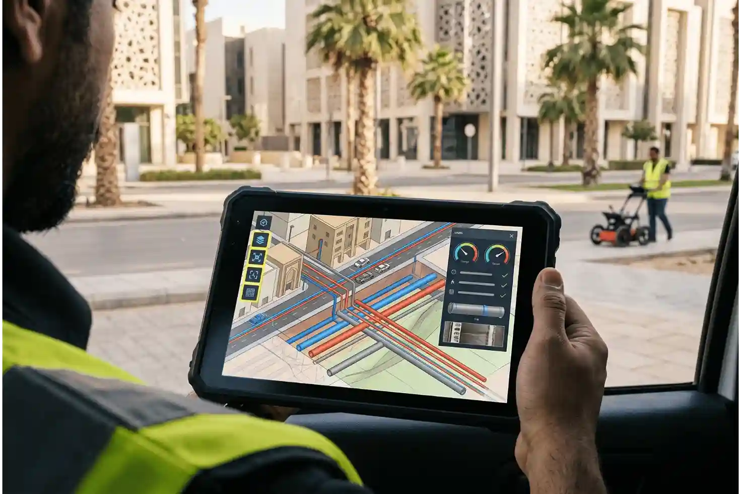 3D GIS dashboard interface displaying underground utility network vectors, pipe attribute cards, and municipal asset layers.