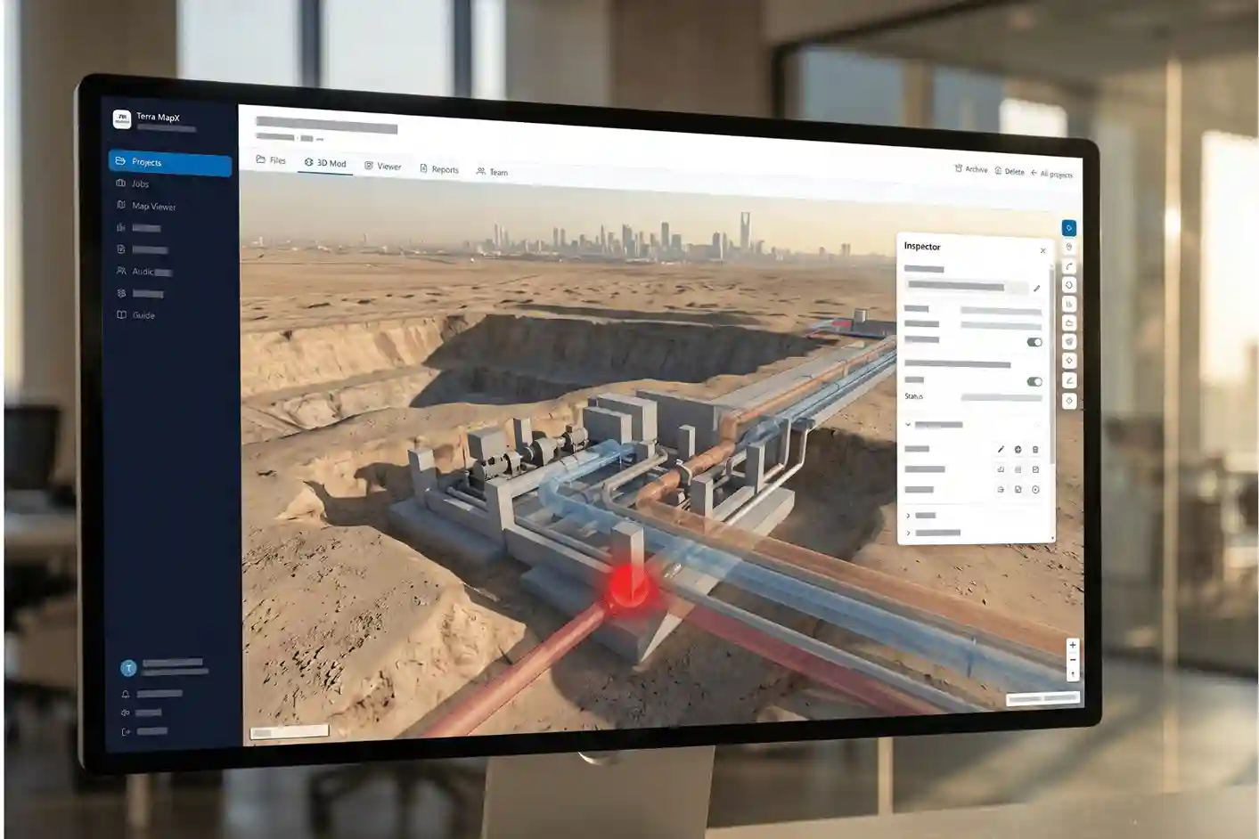 wer showing federated architectural, structural, and MEP pipe network models with highlighted clash markers beneath a ground surface.