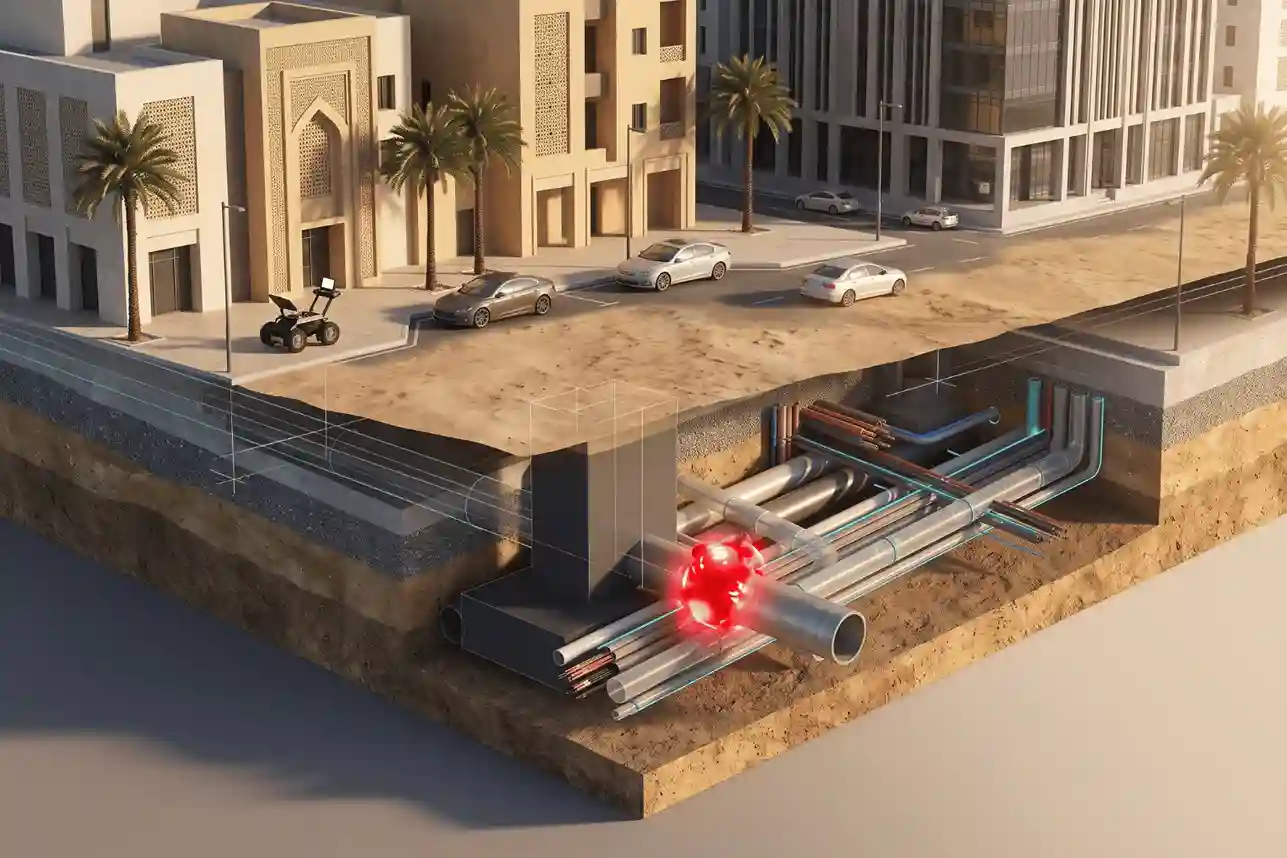 BIM clash detection interface displaying spatial interference between a proposed foundation pile and an existing underground utility line.